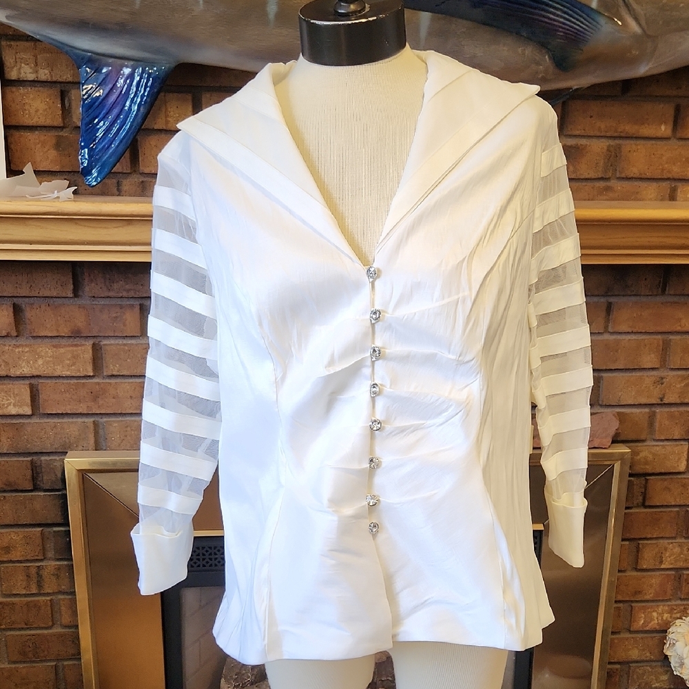 Vintage White Taffeta Size 18 White Dress Shirt New Old Stock Sheer Sleeves